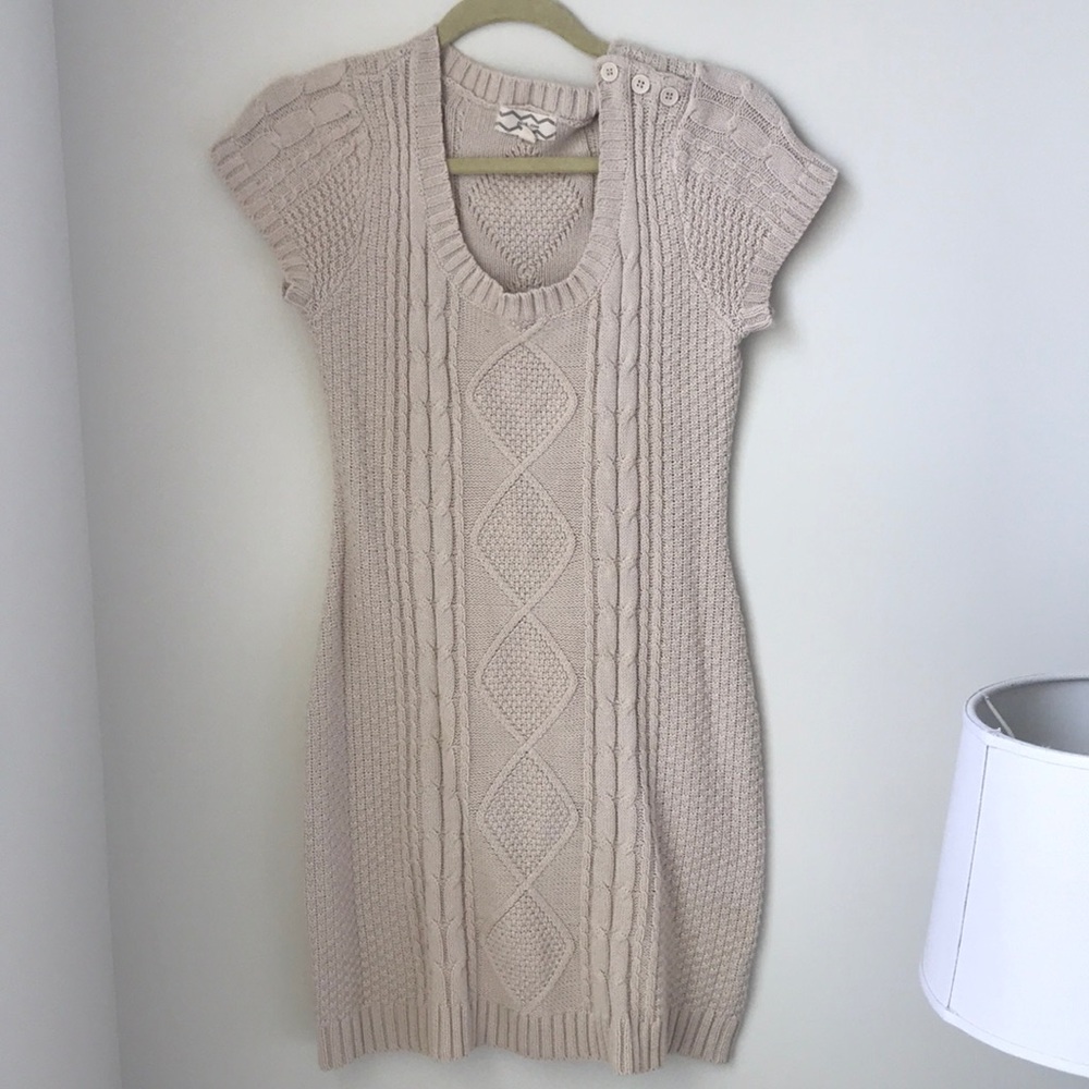 Beige sweater dress, very flattering